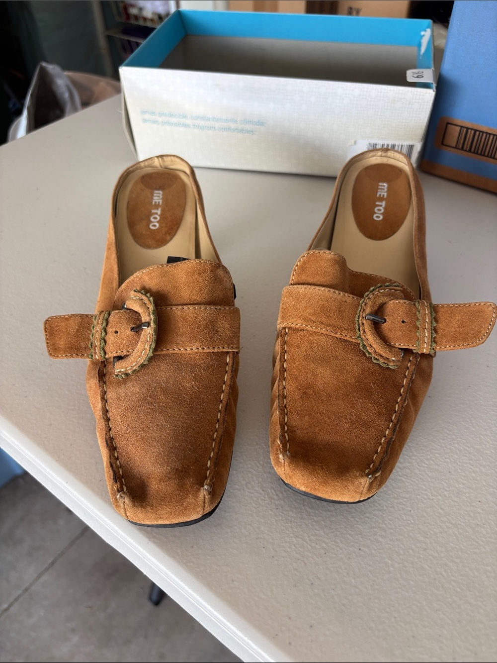 me too Tan Suede Buckle Slip-On Loafers